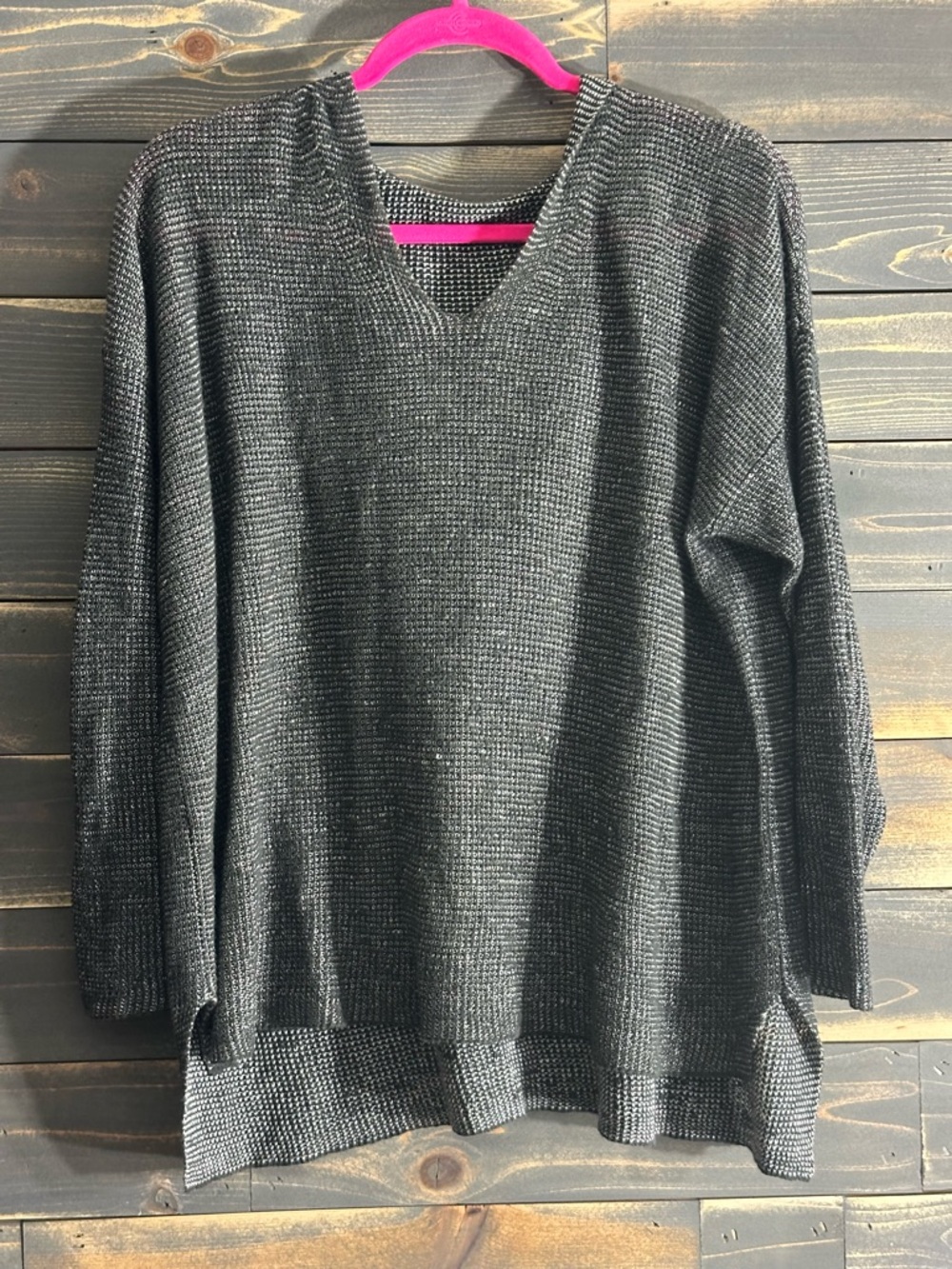 Eileen Fisher Organic Cotton and Linen Charcoal Gray V-Neck Knit Hoodie